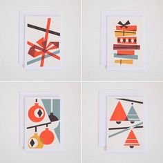 four pictures of different shapes and sizes on white paper, each with an ornament