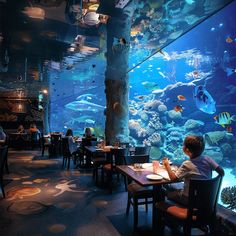 people sitting at tables in front of an aquarium with fish and corals on the walls