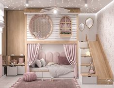 a bedroom with pink and white decor on the walls, carpeted flooring and stairs