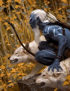 a painting of a man riding on the back of a white horse in tall grass