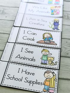 three bookmarks with pictures of children's books and words that read i can see animals, i have school supplies