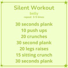 a sign that says silent workout belly, 30 seconds planks and 20 crunches