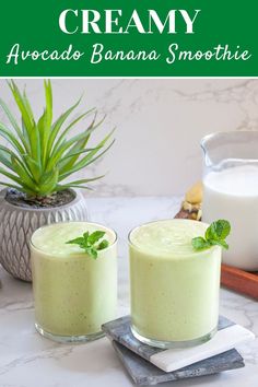 Creamy Avocado Banana Smoothie in two glasses Smoothie With Avocado, Avocado Drink, Avocado Banana Smoothie, Belly Fat Smoothies, Date Smoothie, Healthy Smoothie Recipes, Avocado Chocolate, Avocado Banana, Smoothie Healthy