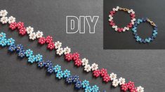 beaded bracelets with flowers and beads are displayed on a table next to the words diy