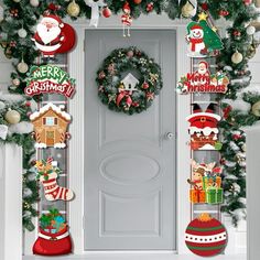 a door decorated with christmas decorations and wreaths