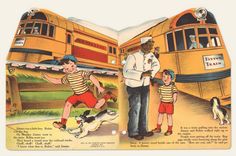 an old children's book shows two boys and a dog in front of a school bus