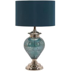 a table lamp with a blue shade on it