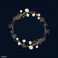 a gold wreath with white flowers and leaves on a black background, in the shape of a circle