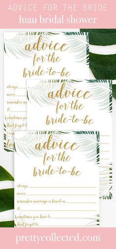 wedding advice cards with gold calligraphy on them and palm leaves in the back ground