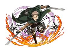 an anime character flying through the air with two swords in his hand and fire behind him