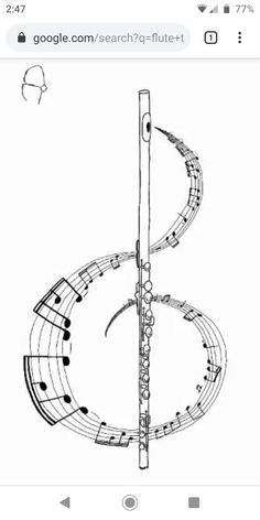 a drawing of a musical instrument with notes on the front and bottom half of it