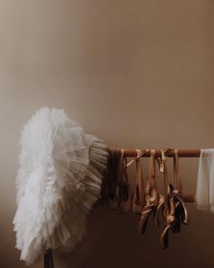 there is a white tutule and ballet shoes hanging on a rack