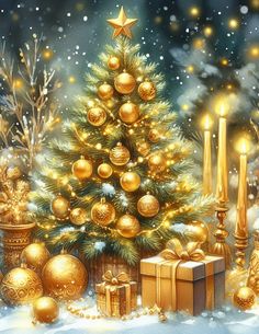 a christmas tree surrounded by presents and candles in the snow, with gold ornaments around it