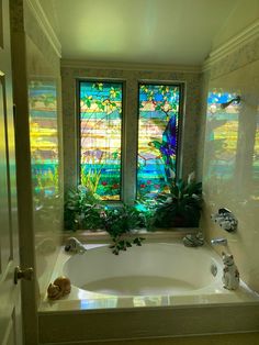 Bedroom Inspirations Master Eclectic, 1980s House Exterior Aesthetic, Dream Apartment Aesthetic Bathroom, Eclectic House Interior, Carribean Inspired Bedroom, Crystals House Decor, Shower With Stained Glass Window, Backyard Garden Decor, Cool Room Lamps