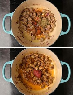 two pictures showing how to cook meat and vegetables in a pot with the same sauce