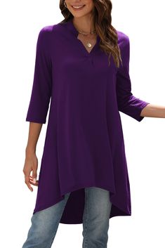 PRICES MAY VARY. Lightweight stretchy material, Soft and comfortable, As well as good breathability and sweat-absorption. V neck with cute band collar detail, 3/4 sleeve, trendy high-low cut with long length, cover the hip and hide the tummy well. Elegant design: ladies long tshirts, loose casual flowy tunic shirts, Irregular hemline which hides a multitude of sins, plus size tops for women all year around. It goes well with jeans, leggings, boots, cardigans, coats and jacekts. Great choice for Long Tshirts, Plus Size Shirts For Women, Long Sleeve Shirts For Women, Tunic Shirts, Leggings Boots, Flowy Tunic, Long Tunic Tops, Shopping Party, Party Outdoor