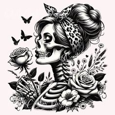 a drawing of a woman's skull with flowers and butterflies on her head in black and white