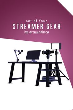 a desk with a laptop computer on top of it and the words set of four streamer gear