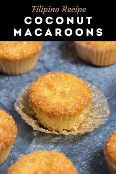 coconut macaroni muffins on a baking sheet with the title overlay