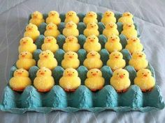 there is a cake made to look like an egg carton with little yellow chicks in it