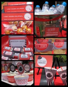 a collage of pictures with water bottles and snacks on display in front of them