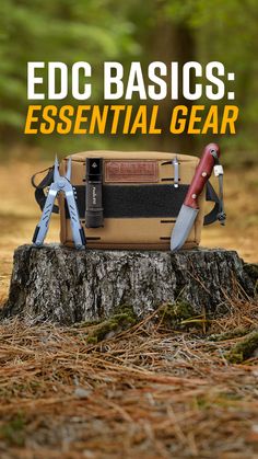 an electronic device sitting on top of a tree stump in the woods with text reading edc basics essential gear