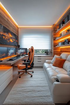 a living room filled with white furniture and lots of orange lights on the wall above it