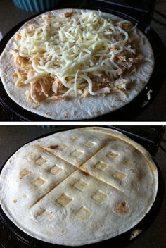 two pictures of an uncooked tortilla being cooked in the oven and then topped with shredded cheese