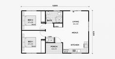 the floor plan for a small house with two bedroom and an attached kitchen, dining area