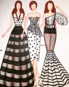 three women in dresses are standing next to each other, one is wearing a polka dot dress