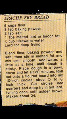 an old recipe card with instructions on how to bake it in the oven and what to use for baking