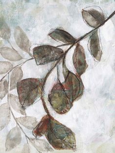 an abstract painting of leaves on a white background