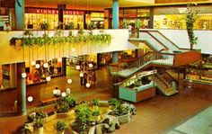 the inside of a shopping mall with plants hanging from it's balconies