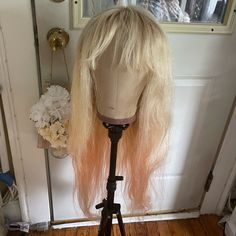 Purchased This Wig From China Lace Wig And Had The Roots And Peach Color Professionally Styled At A Salon. This Is A Full Lace, 150% Density Wig. Wig Cap Has Been Stained From Dye By The Stylist Who Colored The Roots Of The Wig. Wig Is 24” And 100% Human Hair. I Had Cut Bangs Into It. Cut Bangs, How To Cut Bangs, Ombre Wigs, Peach Color, The Roots, Lace Wig, Wig Cap, 100 Human Hair, Lace Wigs