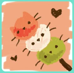 two birds are standing next to each other on a pink and green background with hearts