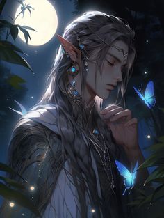 a woman with white hair and blue eyes standing in front of a full moon, surrounded by butterflies