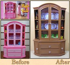 before and after photos of a barbie doll's china cabinet with glass doors, pink trim