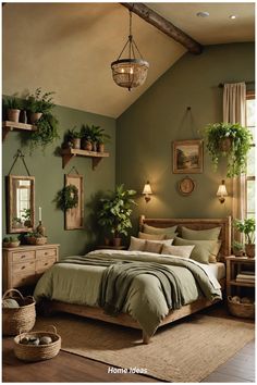 a bed room with a neatly made bed and potted plants on the wall above it