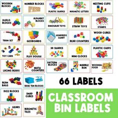 the classroom bin labels are filled with different types of legos and building blocks for kids