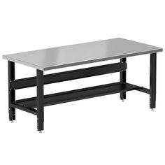 a metal table sitting on top of a white floor next to a black shelf with two shelves