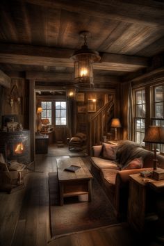 a living room filled with furniture and a fire place next to a wooden floored wall