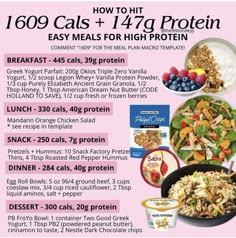 a pink poster with instructions for how to eat high proteins and low calories