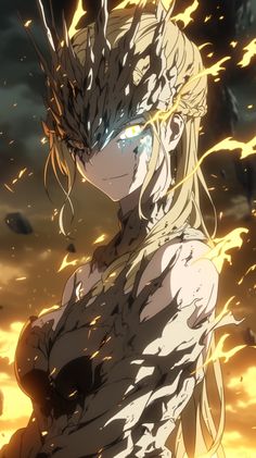 an anime character with long blonde hair and blue eyes standing in front of a blazing sky