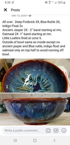 a blue bowl sitting on top of a counter next to a white box with writing in it