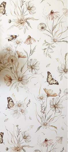 a wallpaper with flowers and butterflies on the back ground, in shades of white