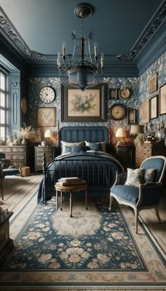 a bedroom decorated in blue and gold with floral wallpaper, chandelier, chair, ottoman, rug and painting on the wall