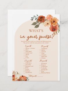 Boho Fall in Love Pumpkin What's In Your Purse Bridal Shower Game Pumpkin Autumn Floral Bridal Game Fall Bridal Shower Games, Fall In Love Bridal Shower Ideas, Western Bridal Showers, Fall In Love Bridal Shower, Engagement Party Games, Romantic Bridal Shower, Bohemian Bridal Shower, Autumn Bridal, Bridal Games