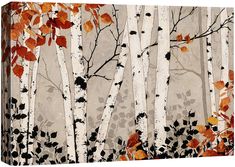 an abstract painting of trees with orange leaves