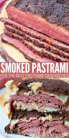 smoked pastrami sandwich cut in half and stacked on top of each other with text overlay