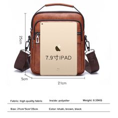 the back side of a brown leather bag with measurements for an ipad in front and bottom